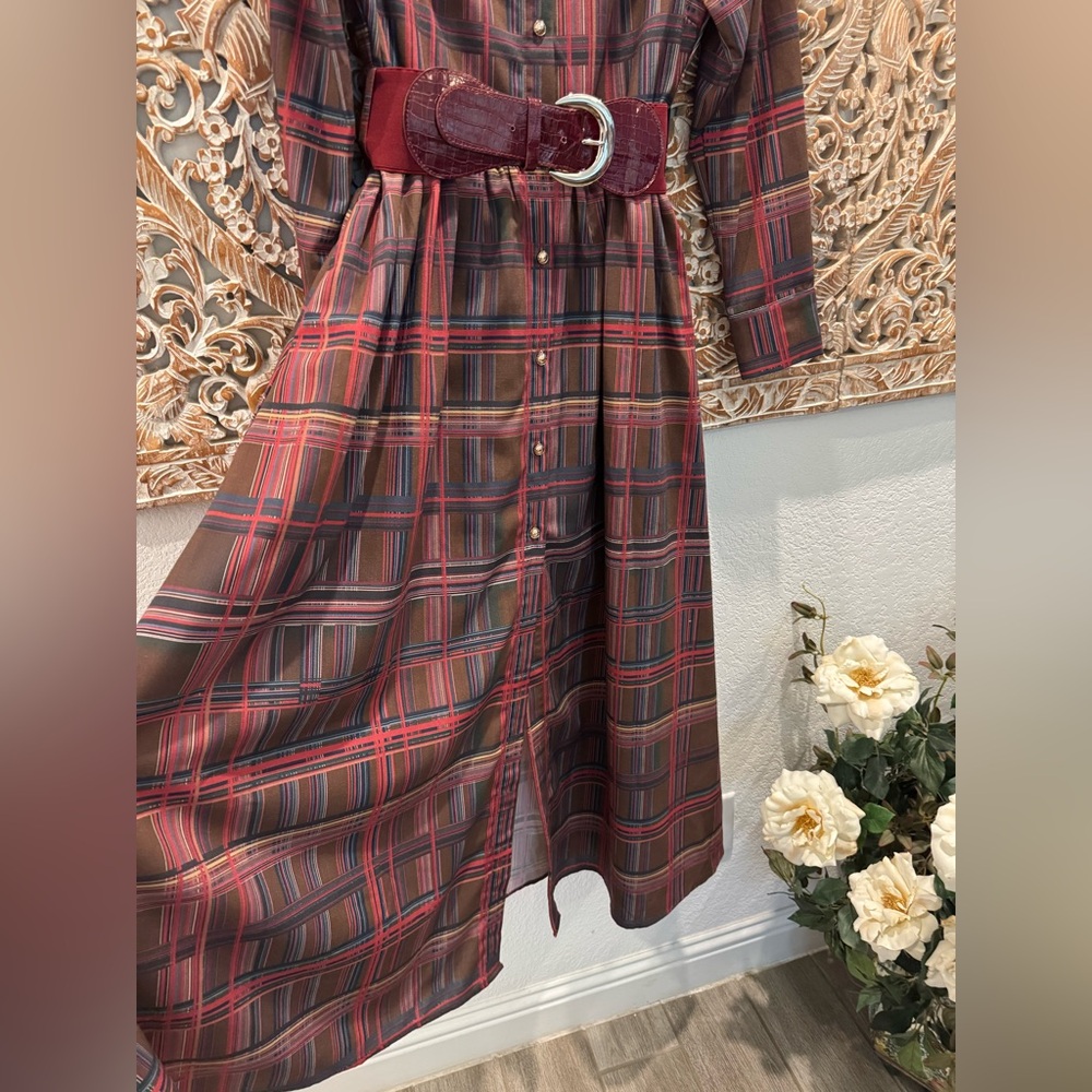 Oyrosy Retro Elegant Classy Lapel Reddish Brown Plaid Maxi Dress w/ Pockets - Picture 9 of 16